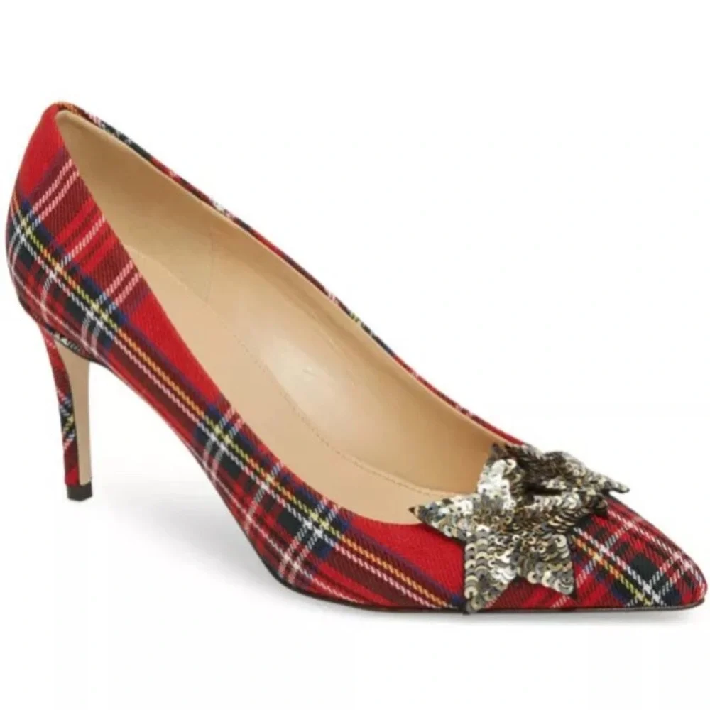 J.Crew Lucie Pump Tartan Star Sequins Red Plaid Sz 8 NWOB